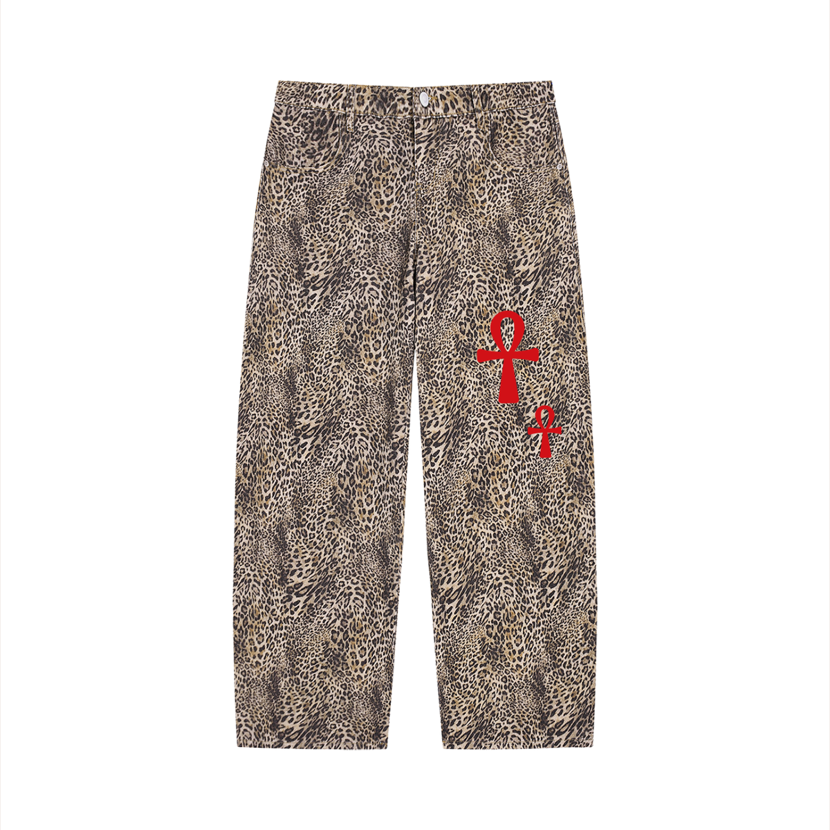Unisex Vintage Wash Leopard Wide Leg Jeans